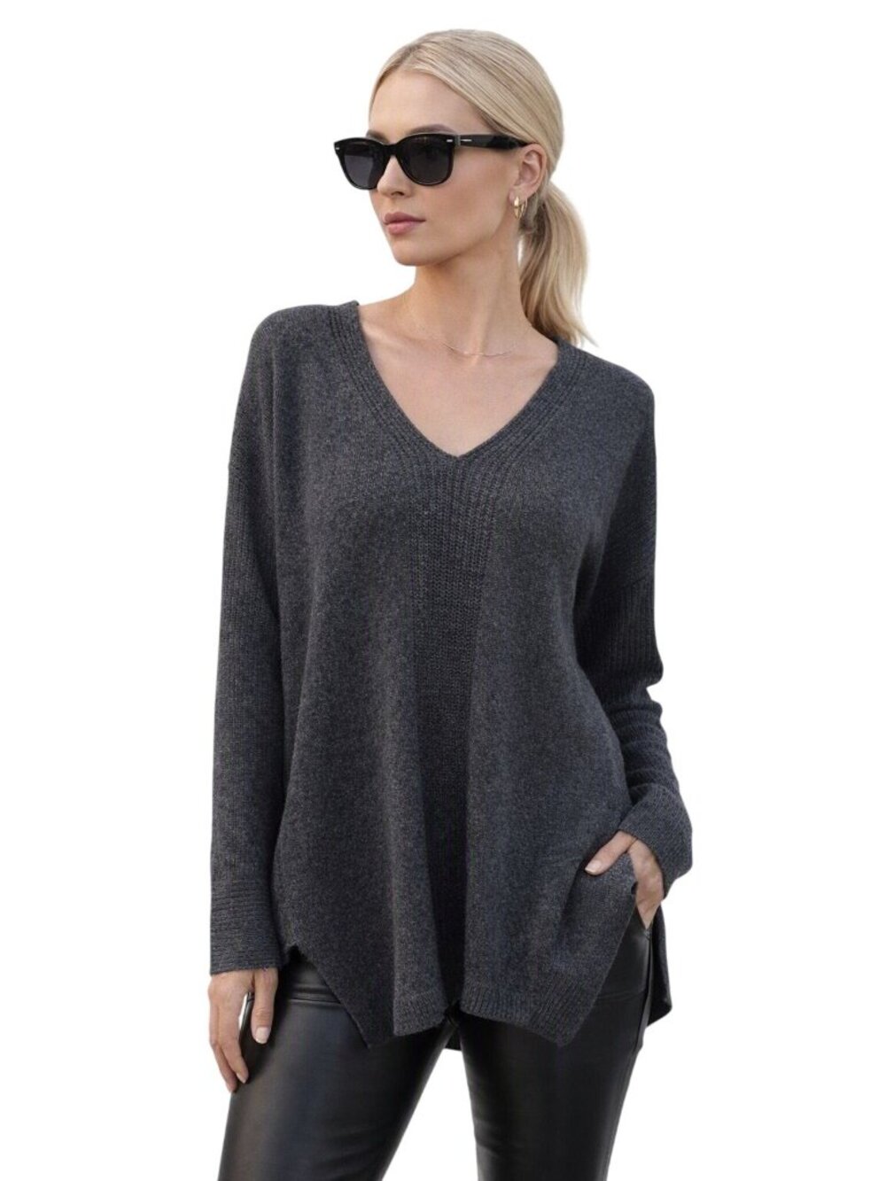 Ann Taylor Loft Black Wool Bld Knit Sweater Italian Yarn V-Neck Women M Luxury
